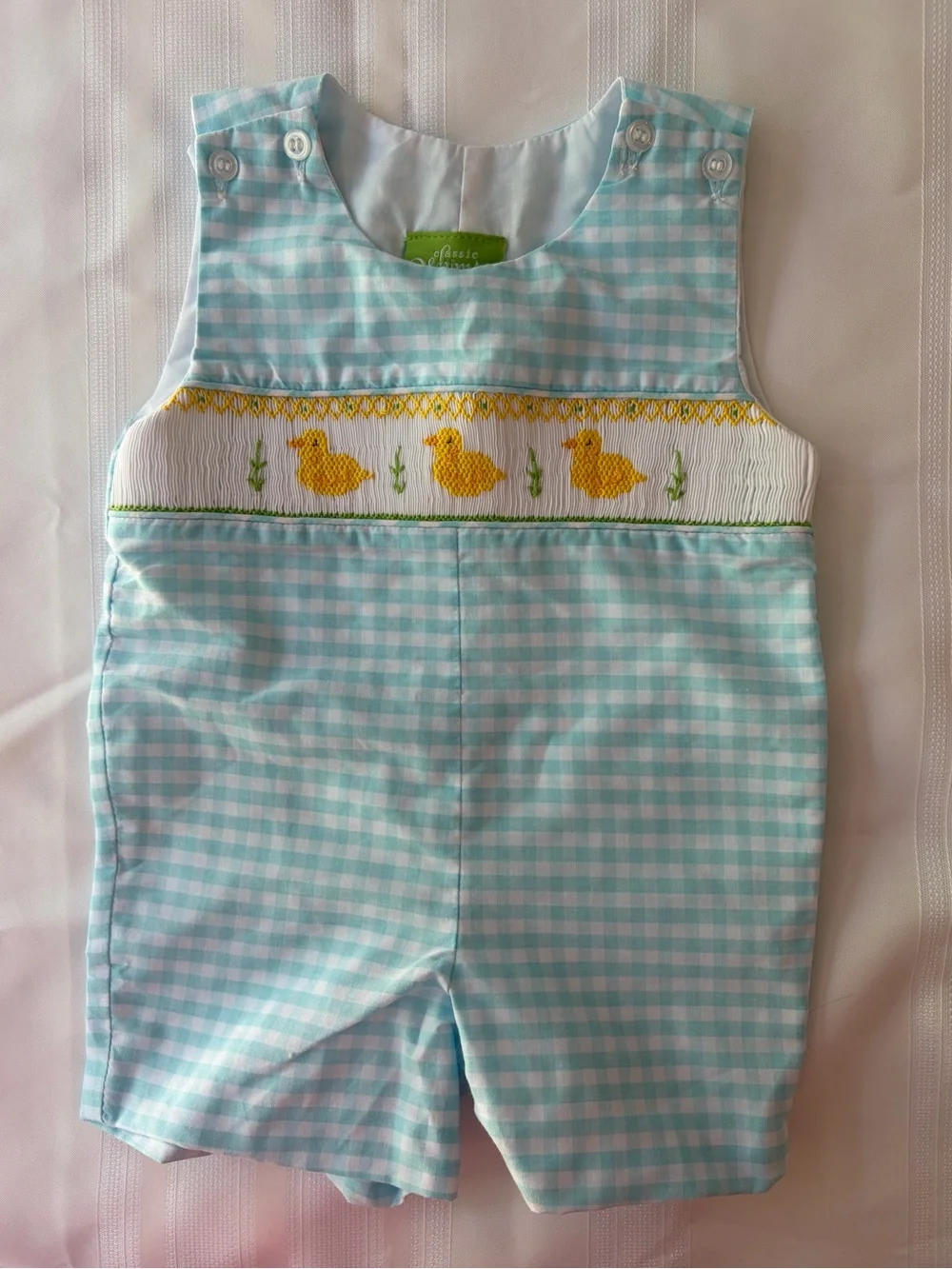 Classic Whimsy Duck Gingham Smocked JonJon Romper 6m